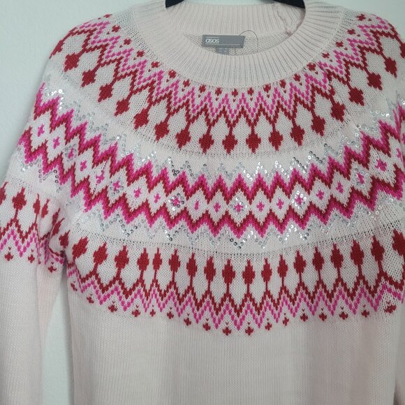 ASOS NWT Oversized Crew Neck Fair Isle Knit Sweater Dress Sz 4 Pink Red Sequin - Picture 3 of 5